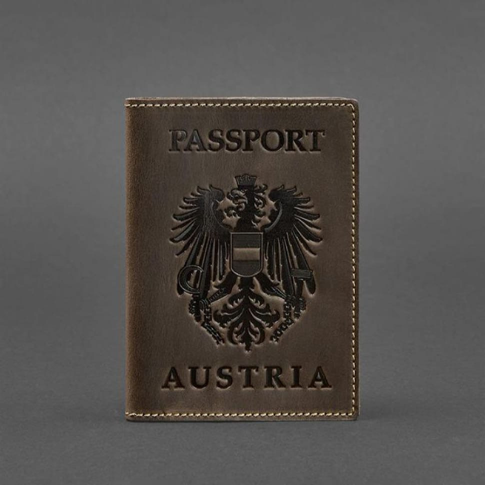 Leather passport cover with Austrian coat of arms dark brown Crazy Horse