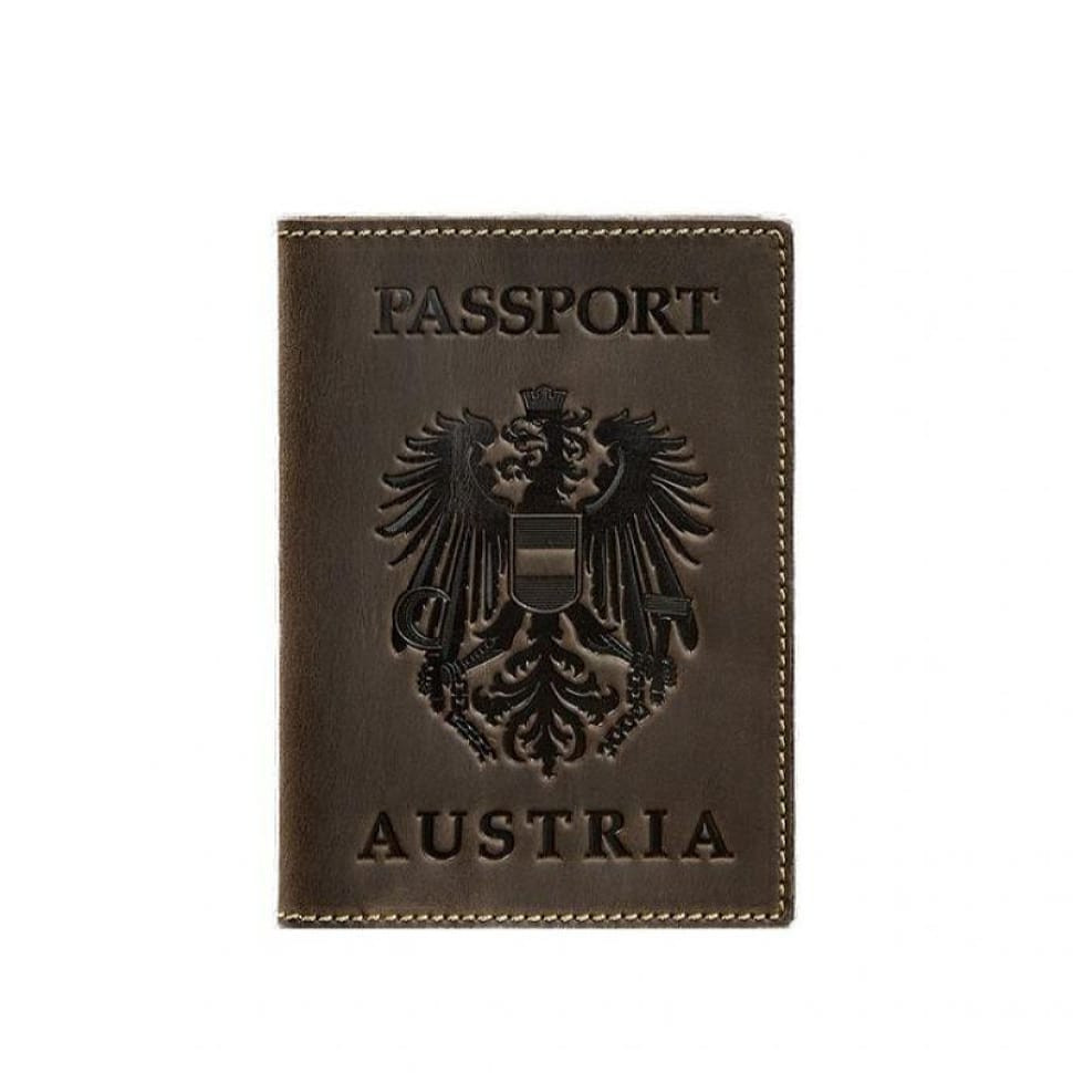 Leather passport cover with Austrian coat of arms dark brown Crazy Horse