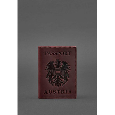 Leather passport cover with Austrian coat of arms burgundy Crazy Horse