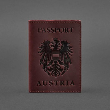 Leather passport cover with Austrian coat of arms burgundy Crazy Horse