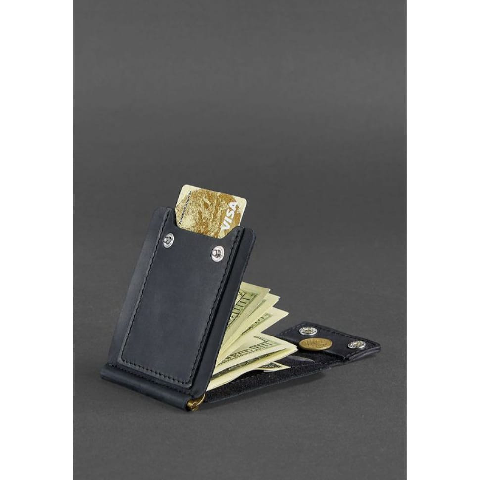 Чоловічий шкіряний чорний портмоне 10.0 затискач для грошей Crazy Horse