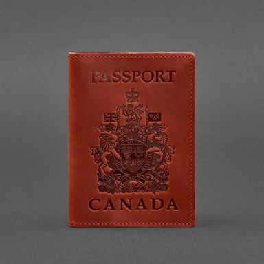 Leather passport cover with Canadian coat of arms coral Crazy Horse