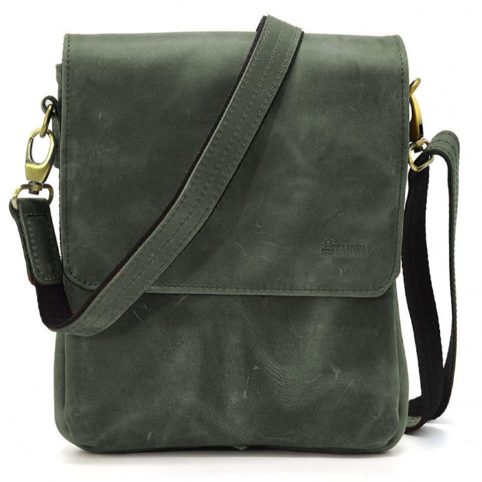 Чоловіча сумка через плече RE-0022-4lx TARWA на 2 відділення шкіра зелена