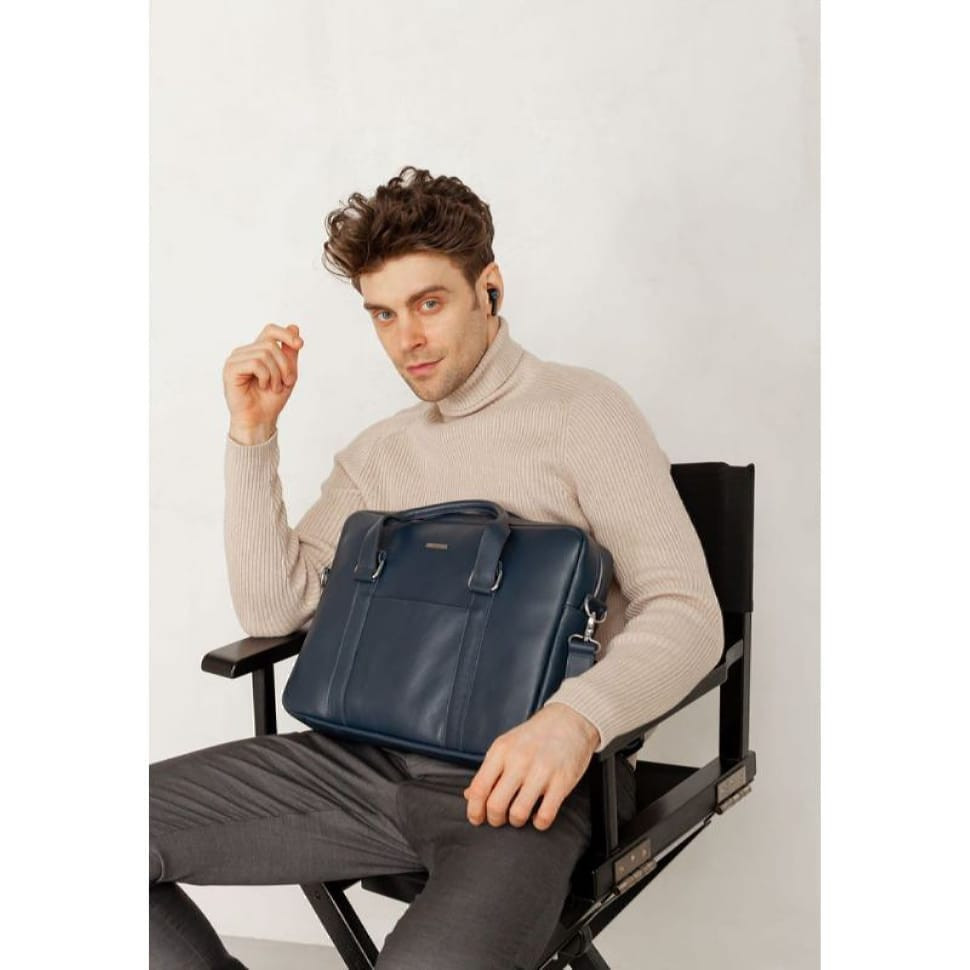 Чоловіча шкіряна сумка для ноутбука та документів темно-синя