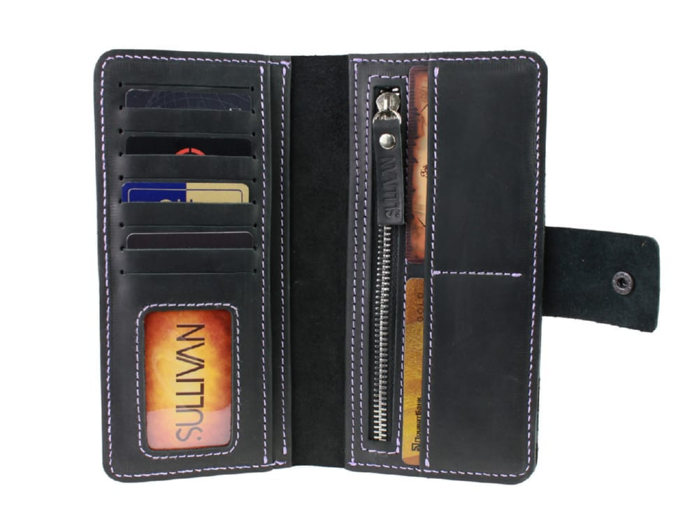 Women's large leather wallet SULLIVAN 80244(10) black purple thread