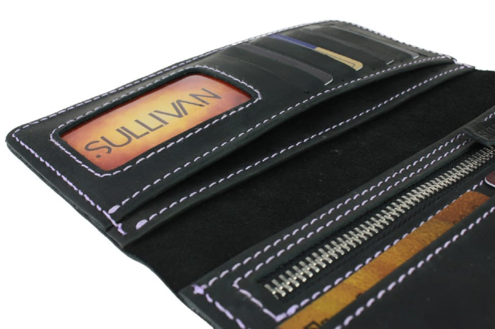 Women's large leather wallet SULLIVAN 80244(10) black purple thread