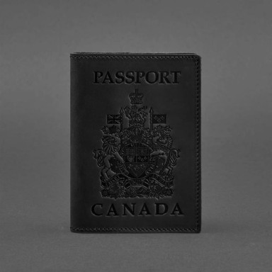 Leather passport cover with Canadian coat of arms black Crazy Horse