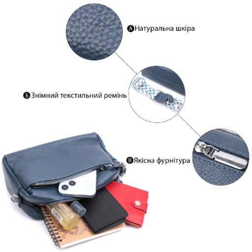 Жіноча шкіряна сумка зі стильним бігунком Vintage 22652 Синя