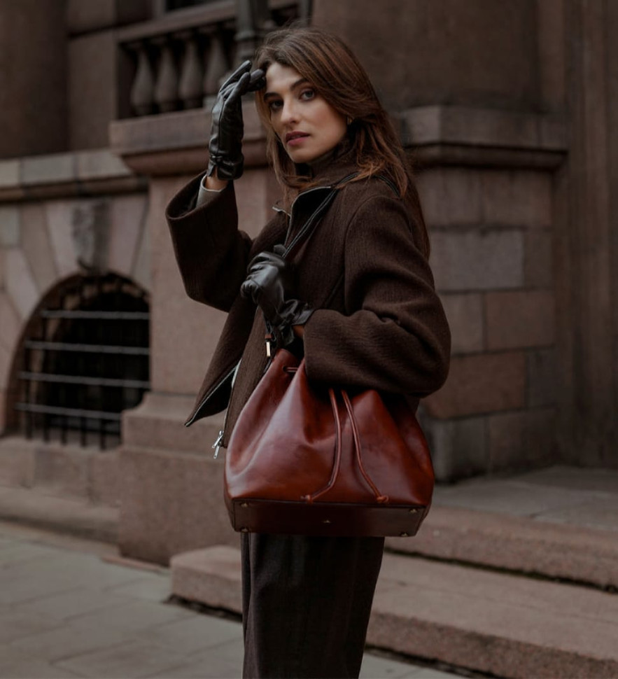 Жіноча шкіряна сумка-відро - Sybil - Коньячно-коричневий колір - Time Resistance 5249001