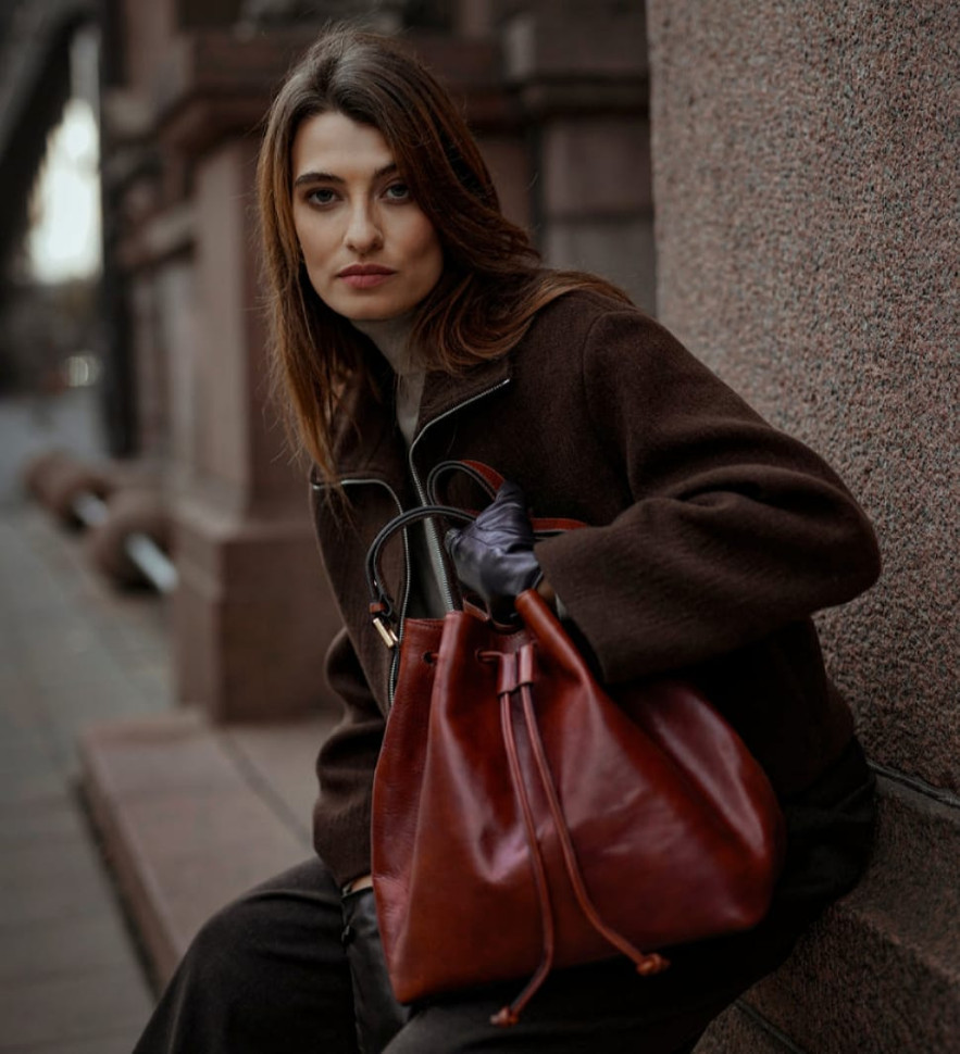 Жіноча шкіряна сумка-відро - Sybil - Коньячно-коричневий колір - Time Resistance 5249001