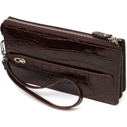 Місткий клатч чоловічий на два відділення з натуральної шкіри з тисненням під крокодила BOND 22046 Коричневий