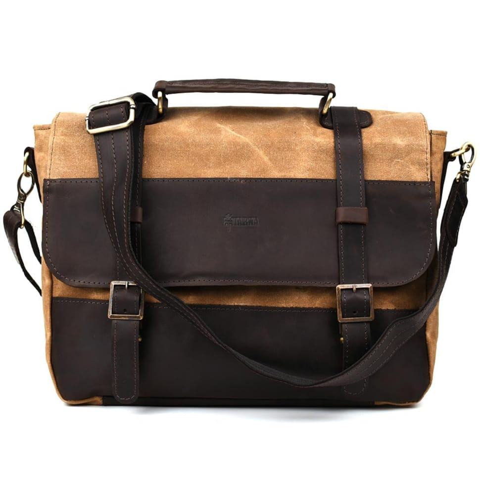 Mens briefcase made of waxed canvas and nappa leather TARWA RCW-3920-3md