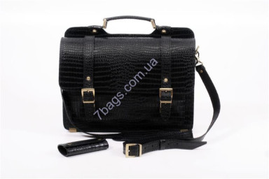 Men's briefcase made of genuine black leather with croco (reptile) embossed in business style