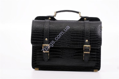 Men's briefcase made of genuine black leather with croco (reptile) embossed in business style