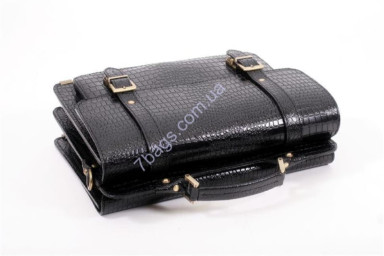 Men's briefcase made of genuine black leather with croco (reptile) embossed in business style