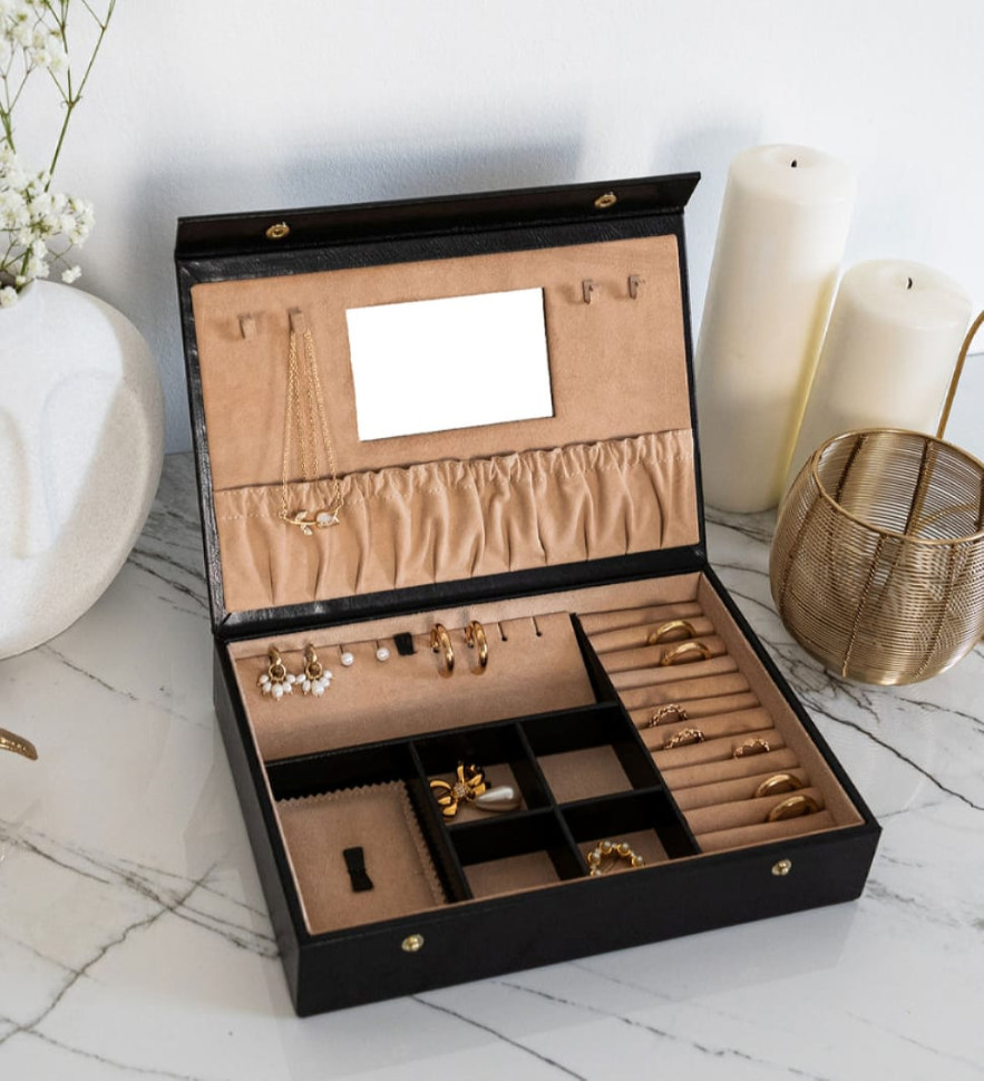 Womens Leather Jewelry Box Accessory Box - The Line of Beauty - Black color -  Time Resistance 5239401