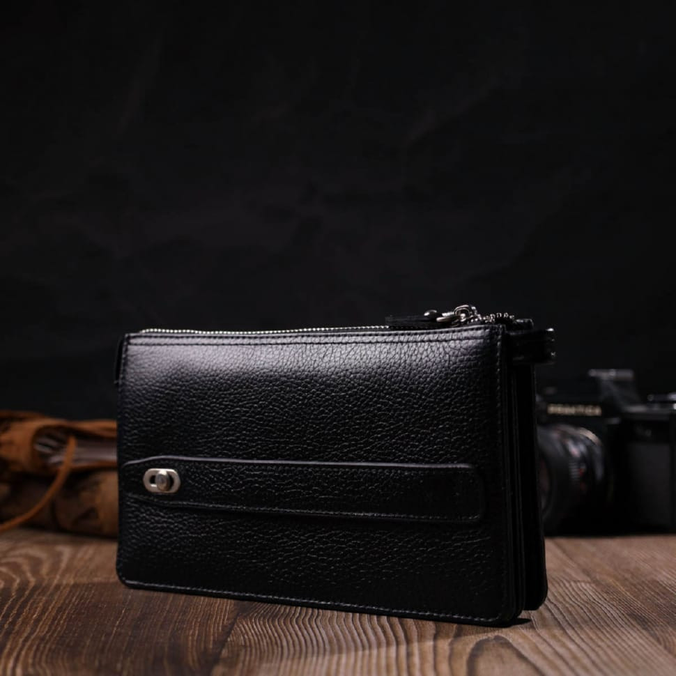 Цікавий клатч на два відділення з натуральної шкіри флотар BOND 22047 Чорний