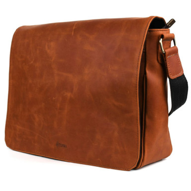 Mens leather shoulder bag with flap TARWA RB-1047-3md cognac