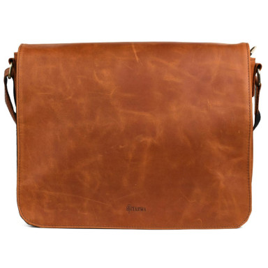 Mens leather shoulder bag with flap TARWA RB-1047-3md cognac