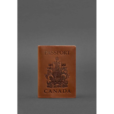Leather passport cover with Canadian coat of arms light brown Crazy Horse