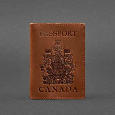 Leather passport cover with Canadian coat of arms light brown Crazy Horse