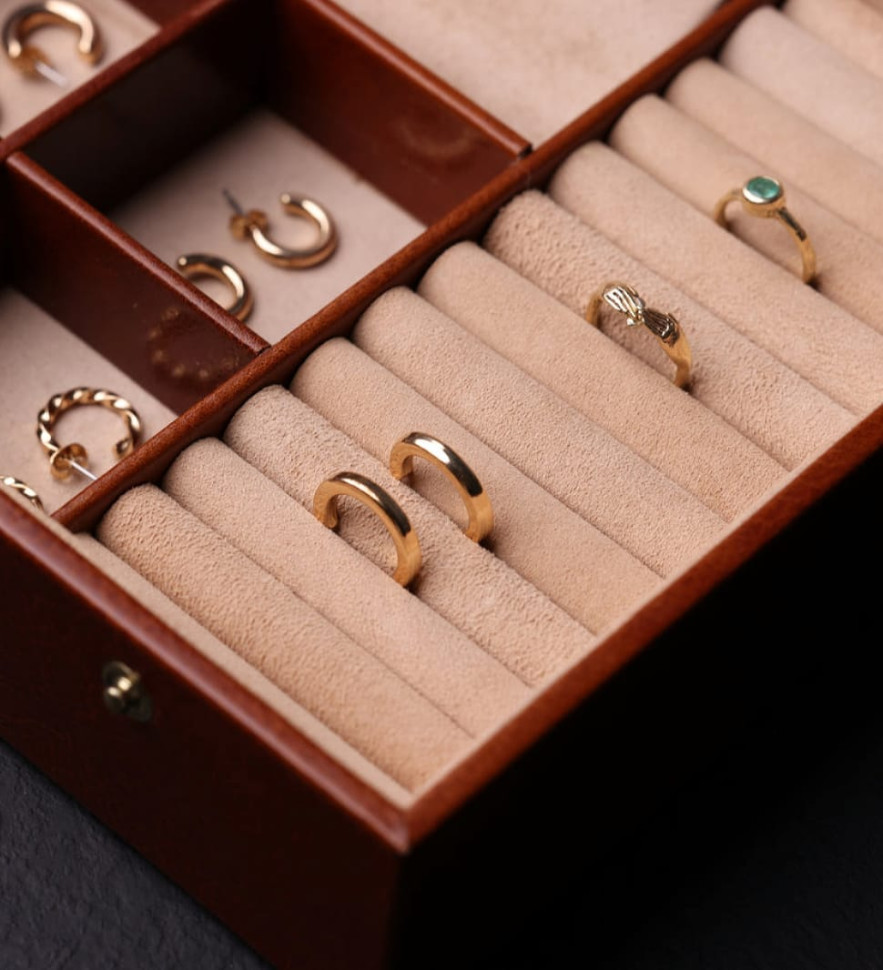 Womens Leather Jewelry Box Accessory Box - The Line of Beauty - Cognac Brown color -  Time Resistance 5239301