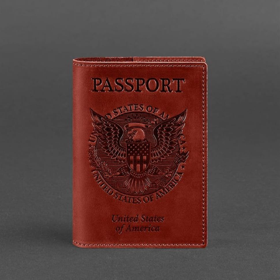 Coral leather passport cover with American coat of arms