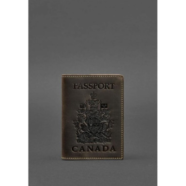 Leather passport cover with Canadian coat of arms dark brown Crazy Horse