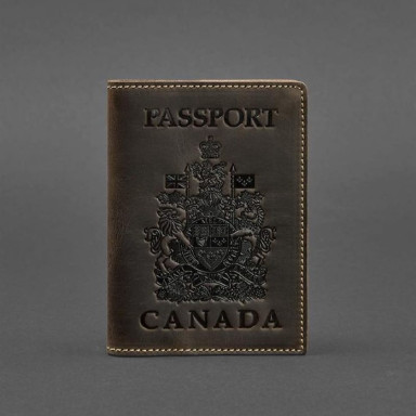 Leather passport cover with Canadian coat of arms dark brown Crazy Horse