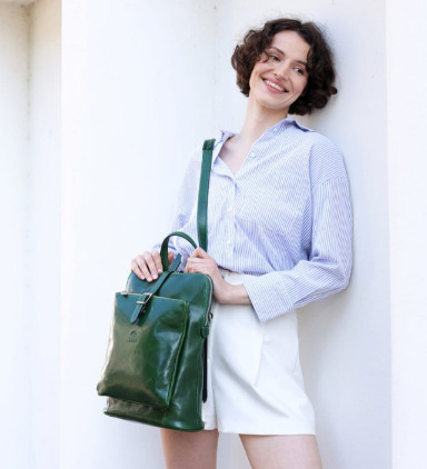 Womens Convertible Leather Backpack Shoulder Bag - Emma - Green color -  Time Resistance 5232501