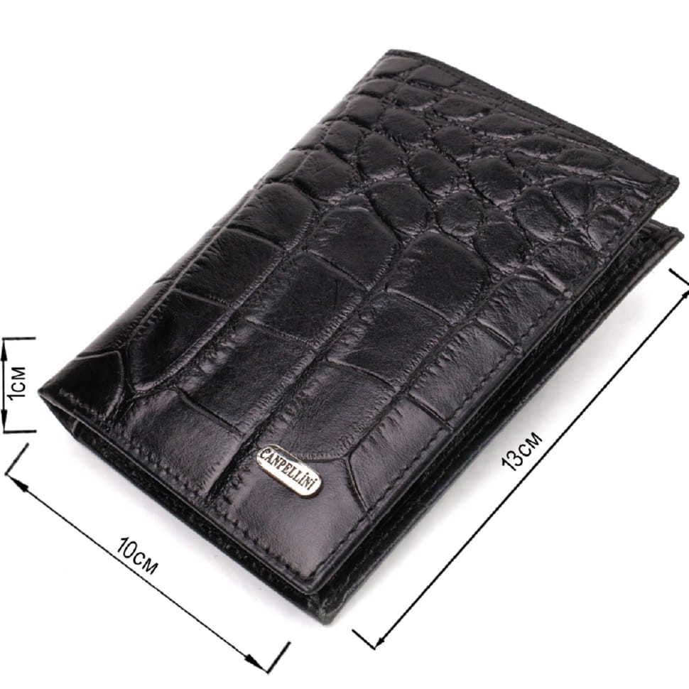 Цікавий чоловічий гаманець вертикального формату з натуральної шкіри з тисненням під крокодила CANPELLINI 21755 Чорний
