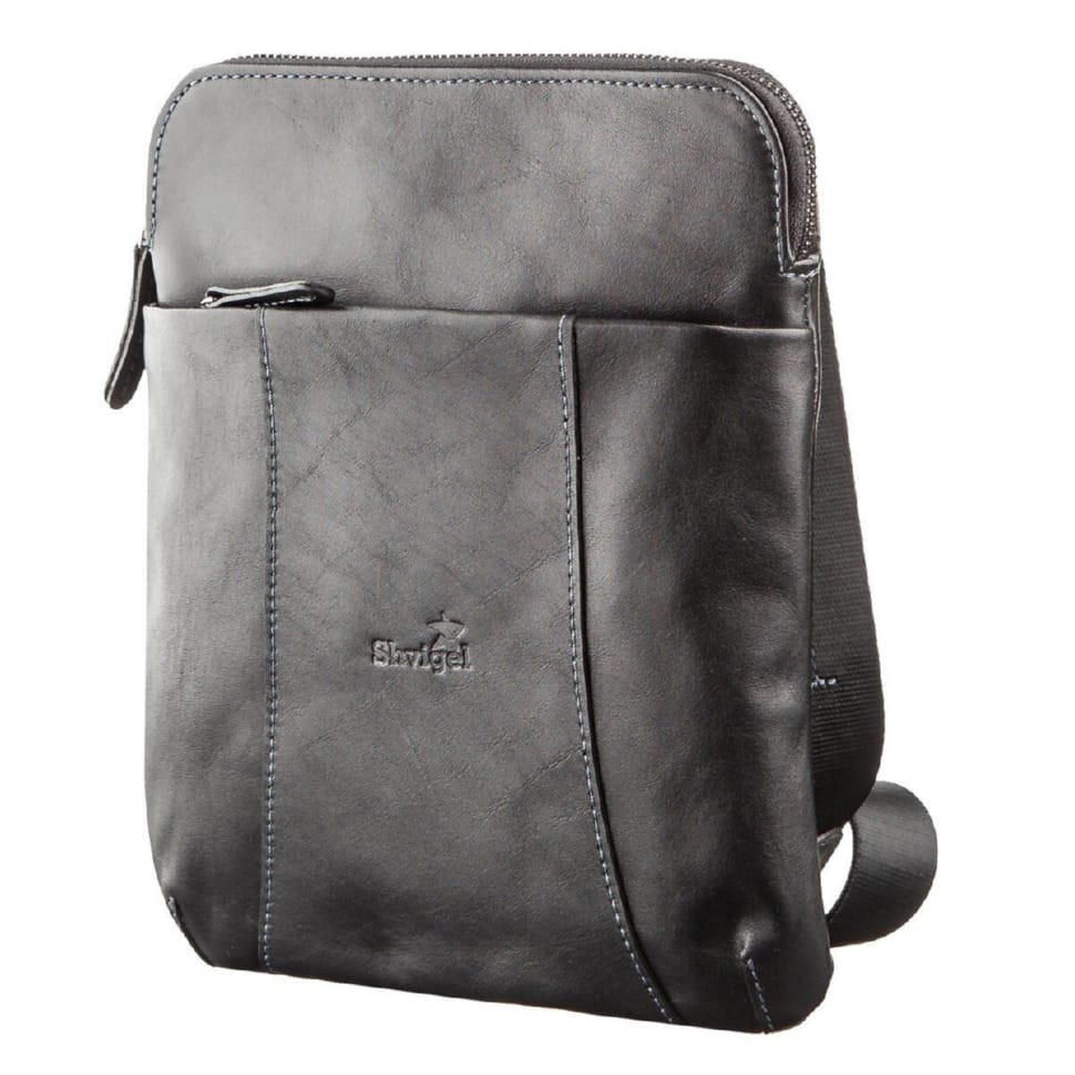 Shvigel 11177 Black Vintage Leather Vertical Messenger for Men