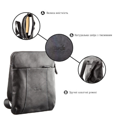 Shvigel 11177 Black Vintage Leather Vertical Messenger for Men