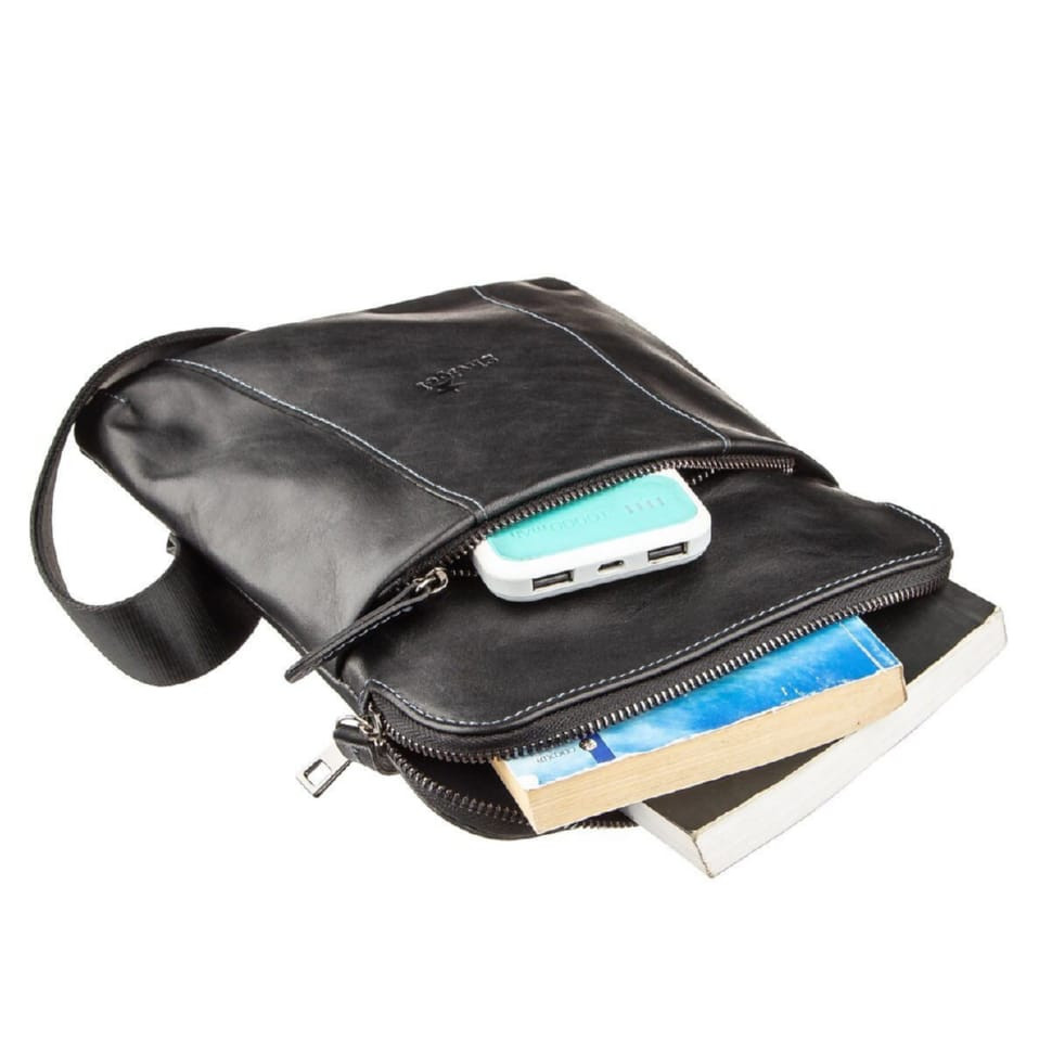 Shvigel 11177 Black Vintage Leather Vertical Messenger for Men