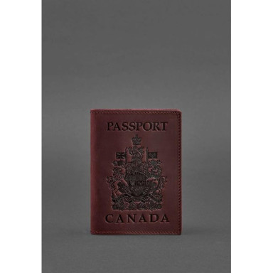 Leather passport cover with Canadian coat of arms burgundy Crazy Horse