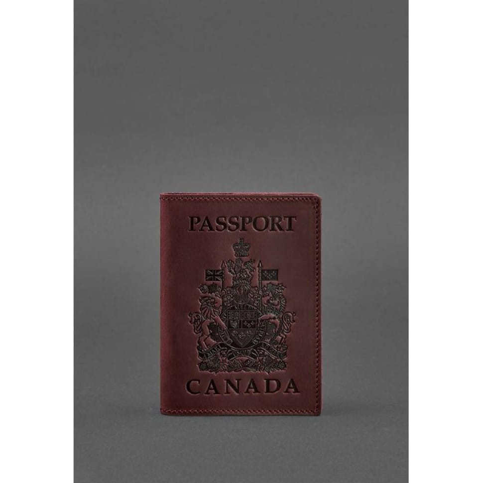 Leather passport cover with Canadian coat of arms burgundy Crazy Horse