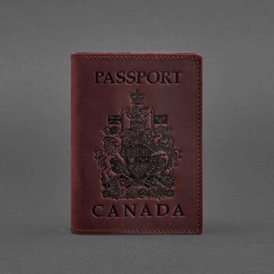 Leather passport cover with Canadian coat of arms burgundy Crazy Horse