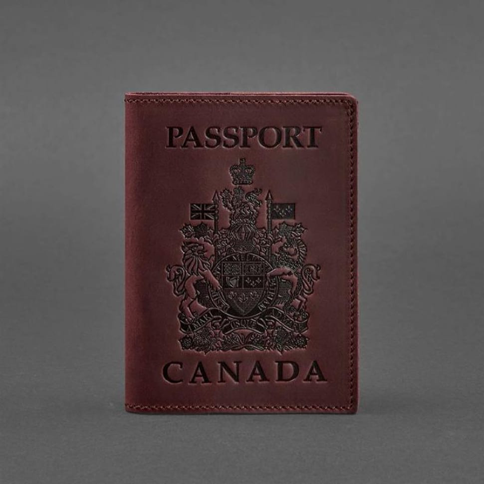 Leather passport cover with Canadian coat of arms burgundy Crazy Horse