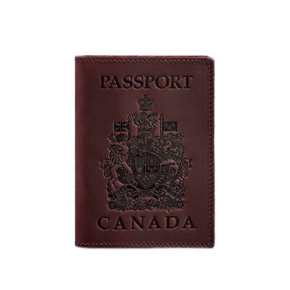 Leather passport cover with Canadian coat of arms burgundy Crazy Horse