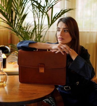 Womens Leather Briefcase - The Sound of the Mountain -  Cognac Brown color -  Time Resistance 5192601W