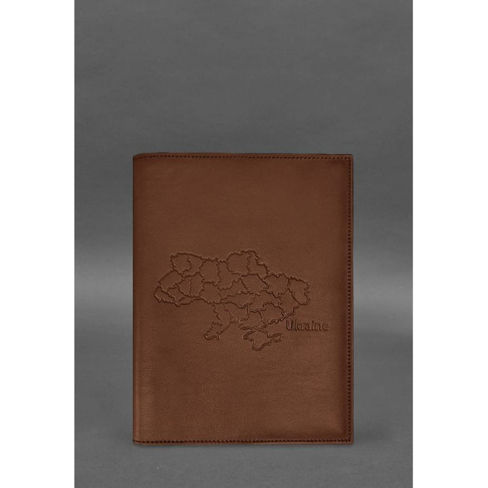 Leather cover for notary register with map of Ukraine light brown