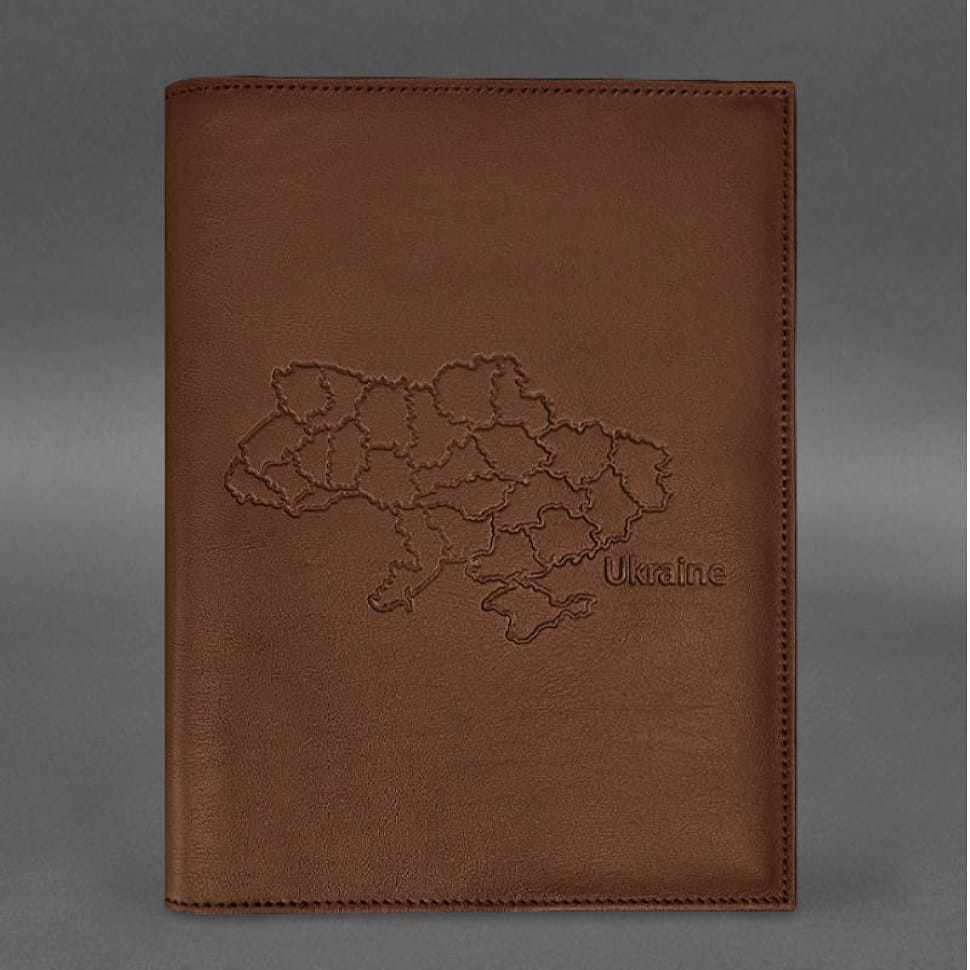 Leather cover for notary register with map of Ukraine light brown