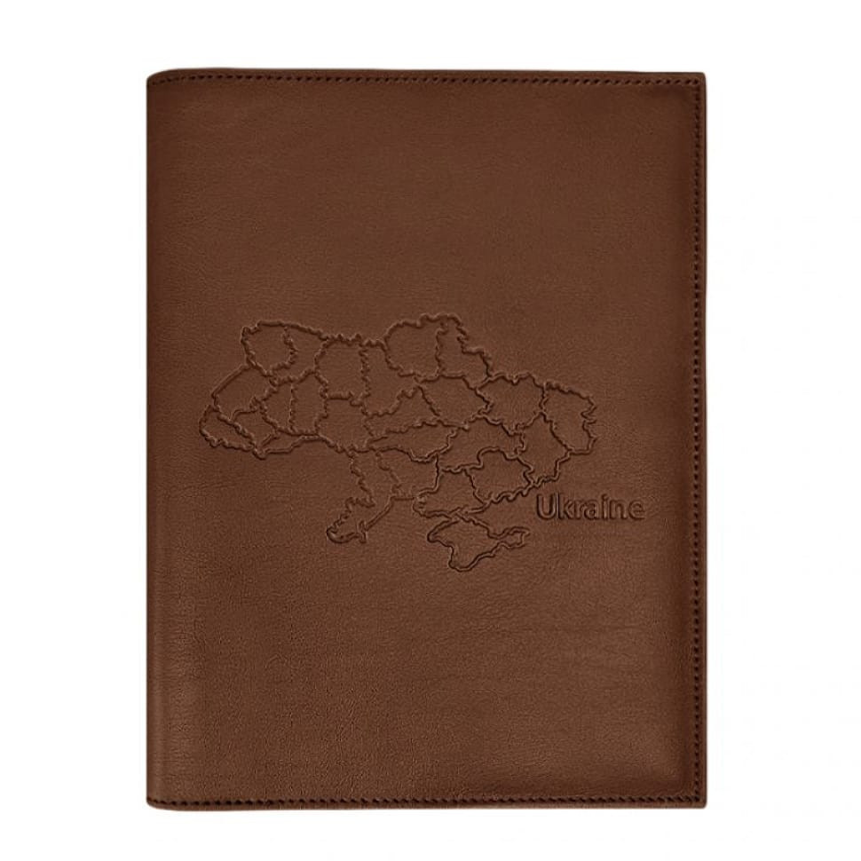 Leather cover for notary register with map of Ukraine light brown