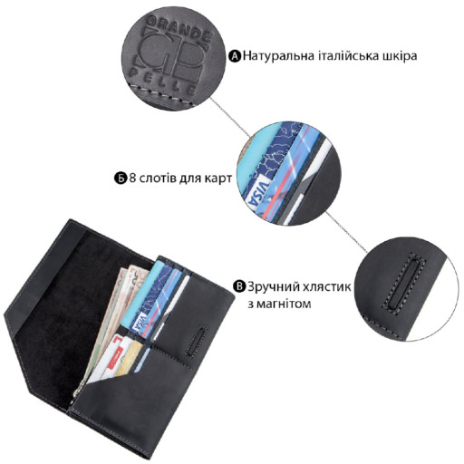 Шкіряний клатч унісекс на магніті GRANDE PELLE 11214 Чорний
