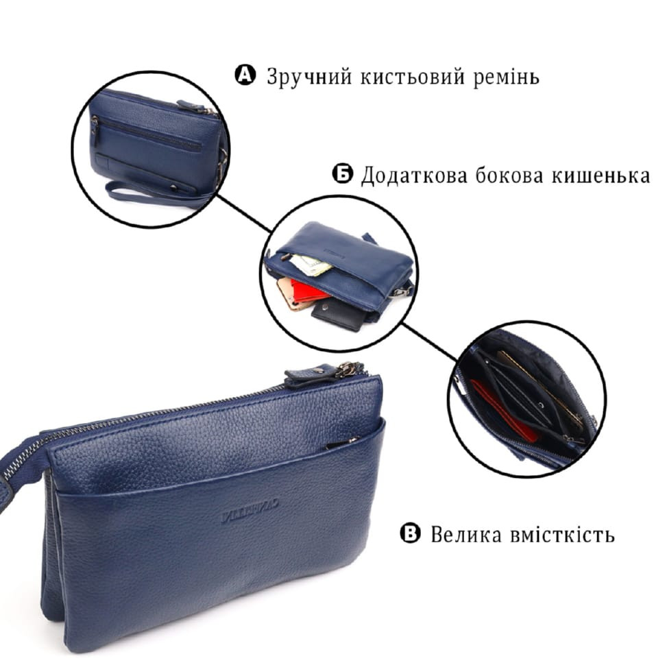 Оригинальный мужской клатч из натуральной зернистой кожи CANPELLINI 21555 Синий