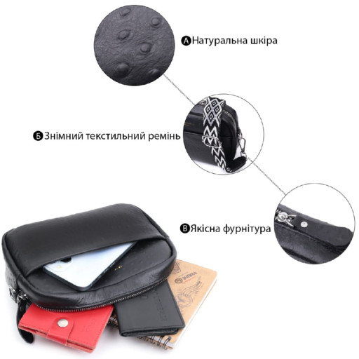 Фактурна сумка для жінок з натуральної шкіри Vintage 22659 Чорна