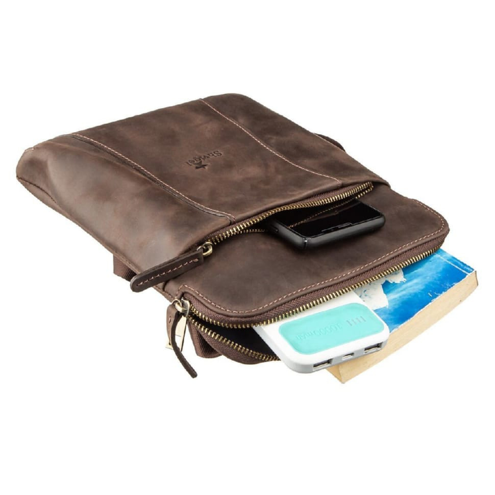 Stylish men's messenger made of vintage leather Shvigel 11180 Brown