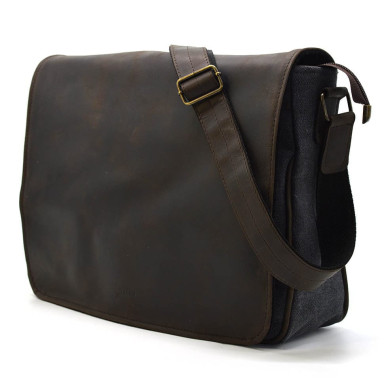 Mens shoulder bag made of leather and canvas TARWA RCg-1047-3md