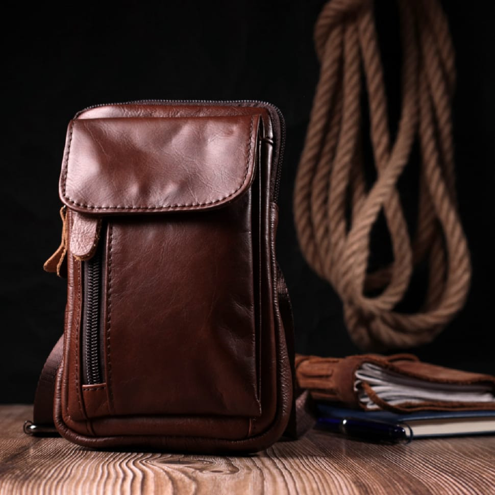 Отменная мужская сумка на пояс из натуральной кожи Vintage 22564 Коричневый