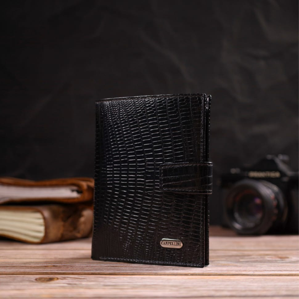Фактурний вертикальний чоловічий гаманець середнього розміру з натуральної шкіри з тисненням CANPELLINI 21859 Чорний